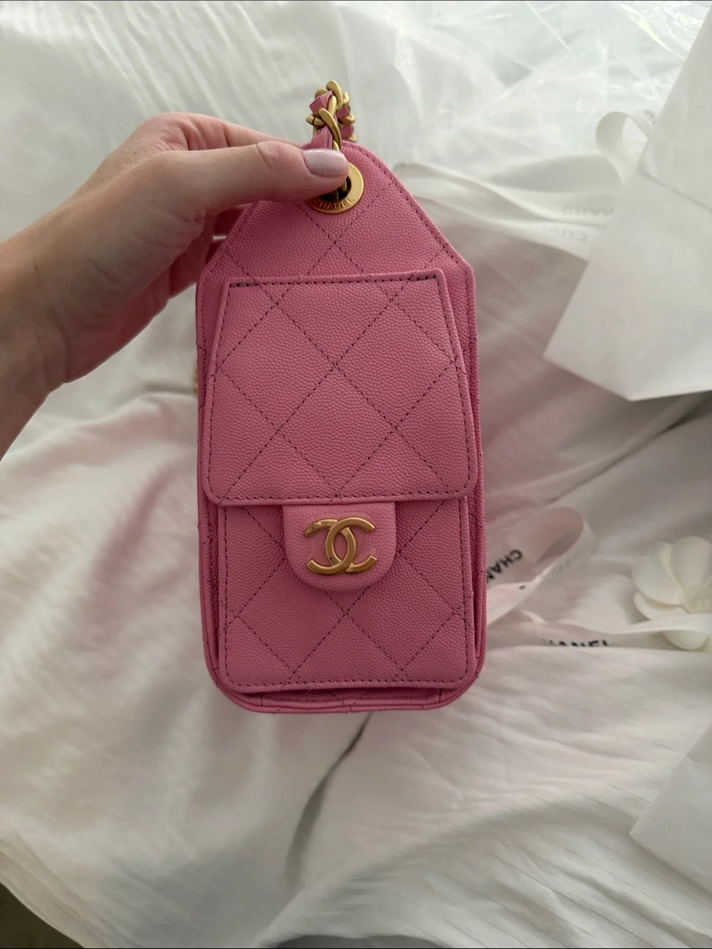 NWT CHANEL MINI Pink 25 Quilted Drawstring Shoulder Bag with Gold Chain